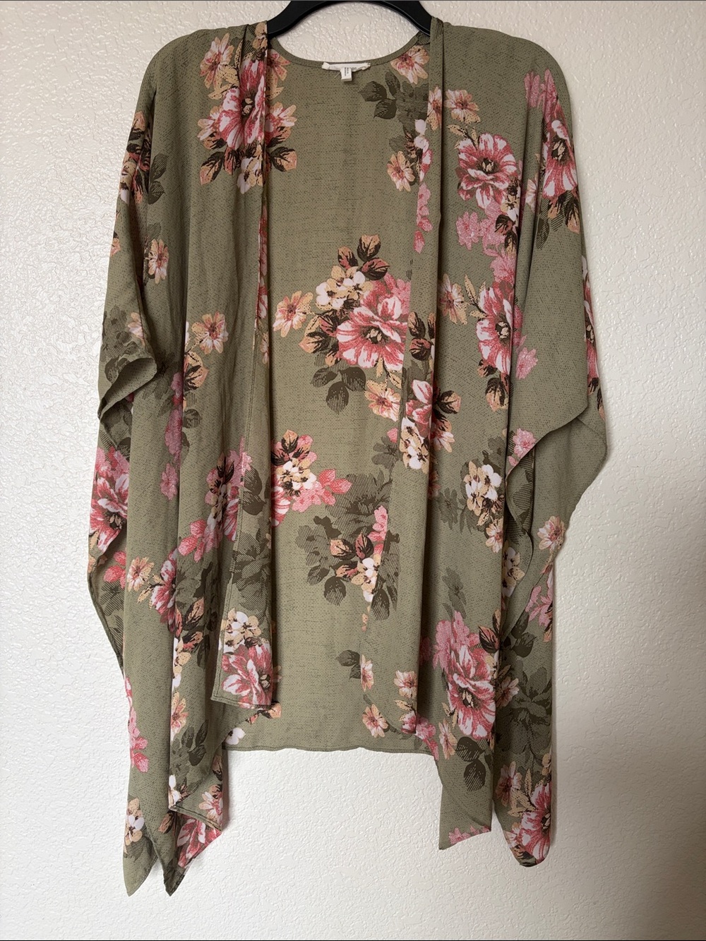 Maurices Olive Green Floral Open-Front Kimono with Pink Blooms
